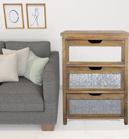 30" Rustic Brown Wood and Galvanized Metal End Table With Three Drawers