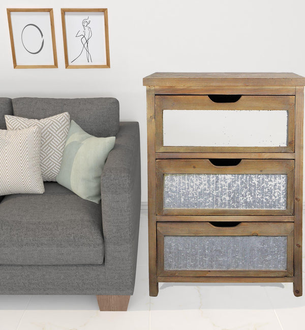 30 Rustic Brown Wood and Galvanized Metal End Table With Three Drawers