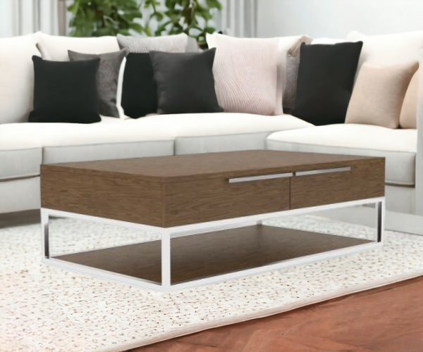 47 Silver And Walnut Rectangular Coffee Table With Two Drawers And Shelf