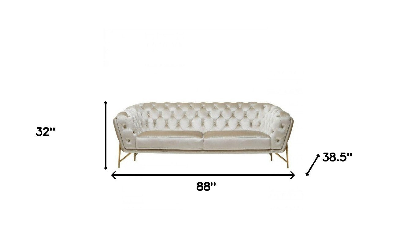 88" Beige Velvet Chesterfield Sofa With Gold Legs