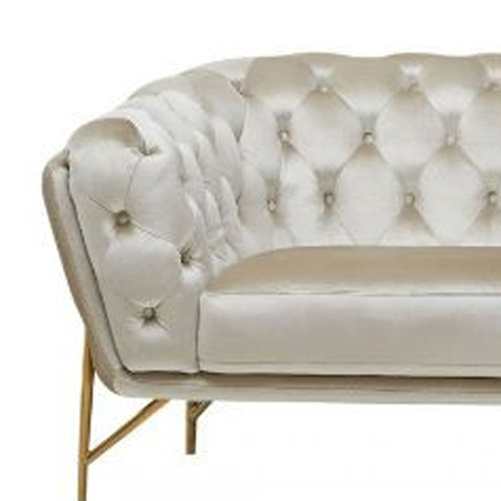 88" Beige Velvet Chesterfield Sofa With Gold Legs