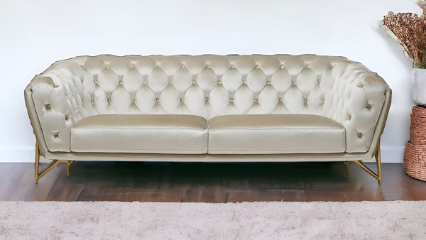 88 Beige Velvet Chesterfield Sofa With Gold Legs