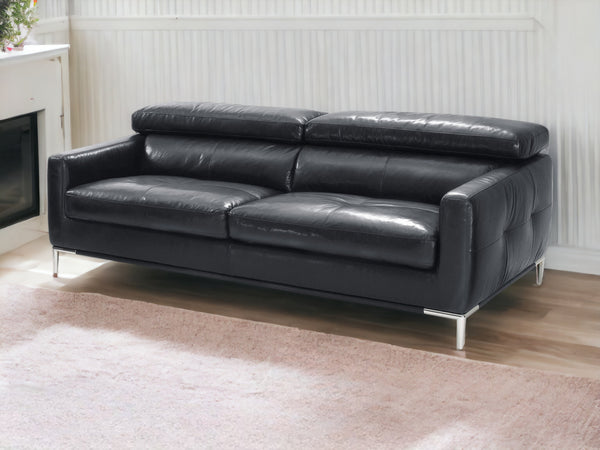 79 Black Genuine Leather Sofa With Silver Legs