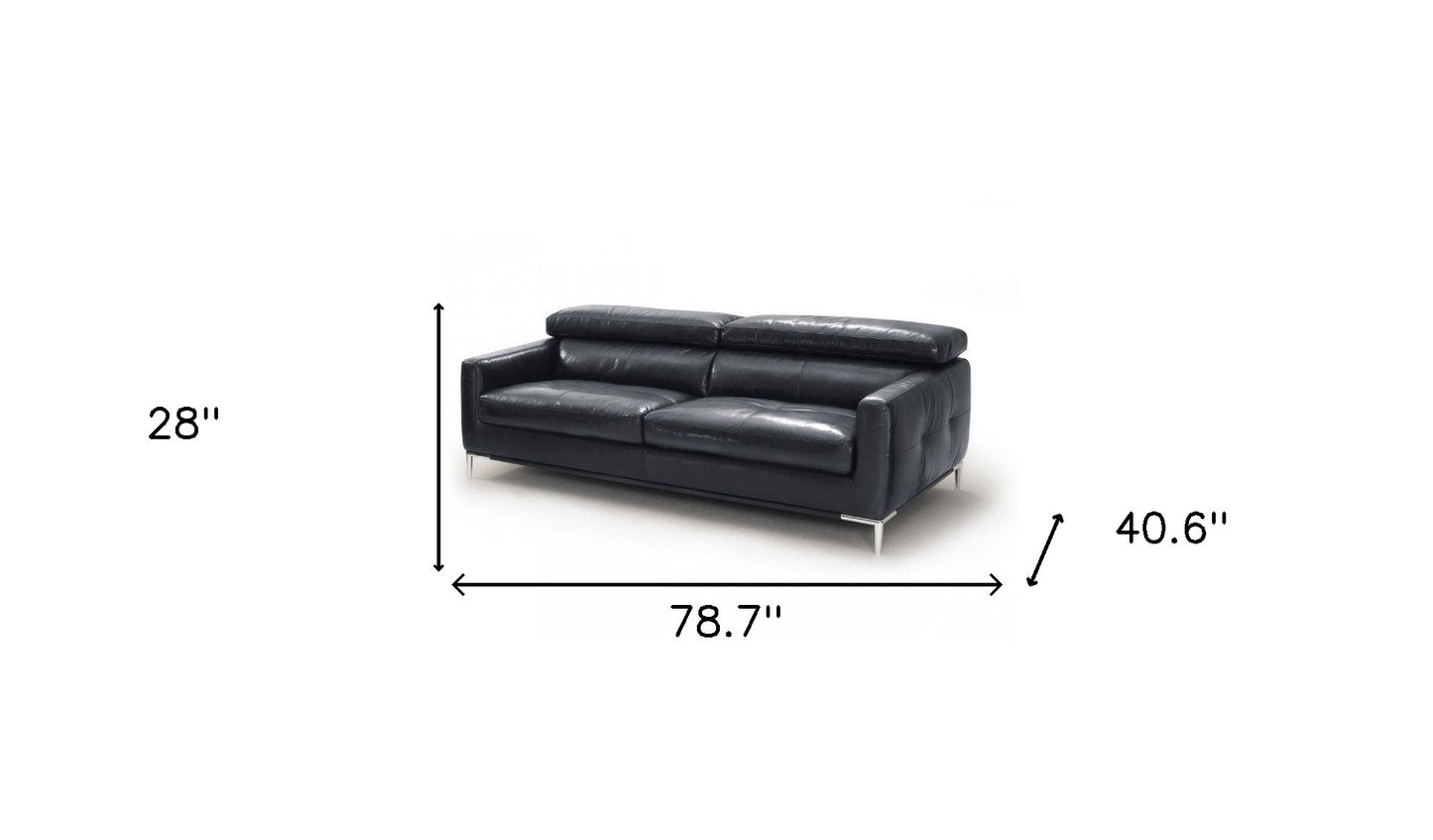 79" Black Genuine Leather Sofa With Silver Legs