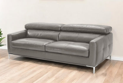 79" Dark Grey Leather Sofa With Silver Legs