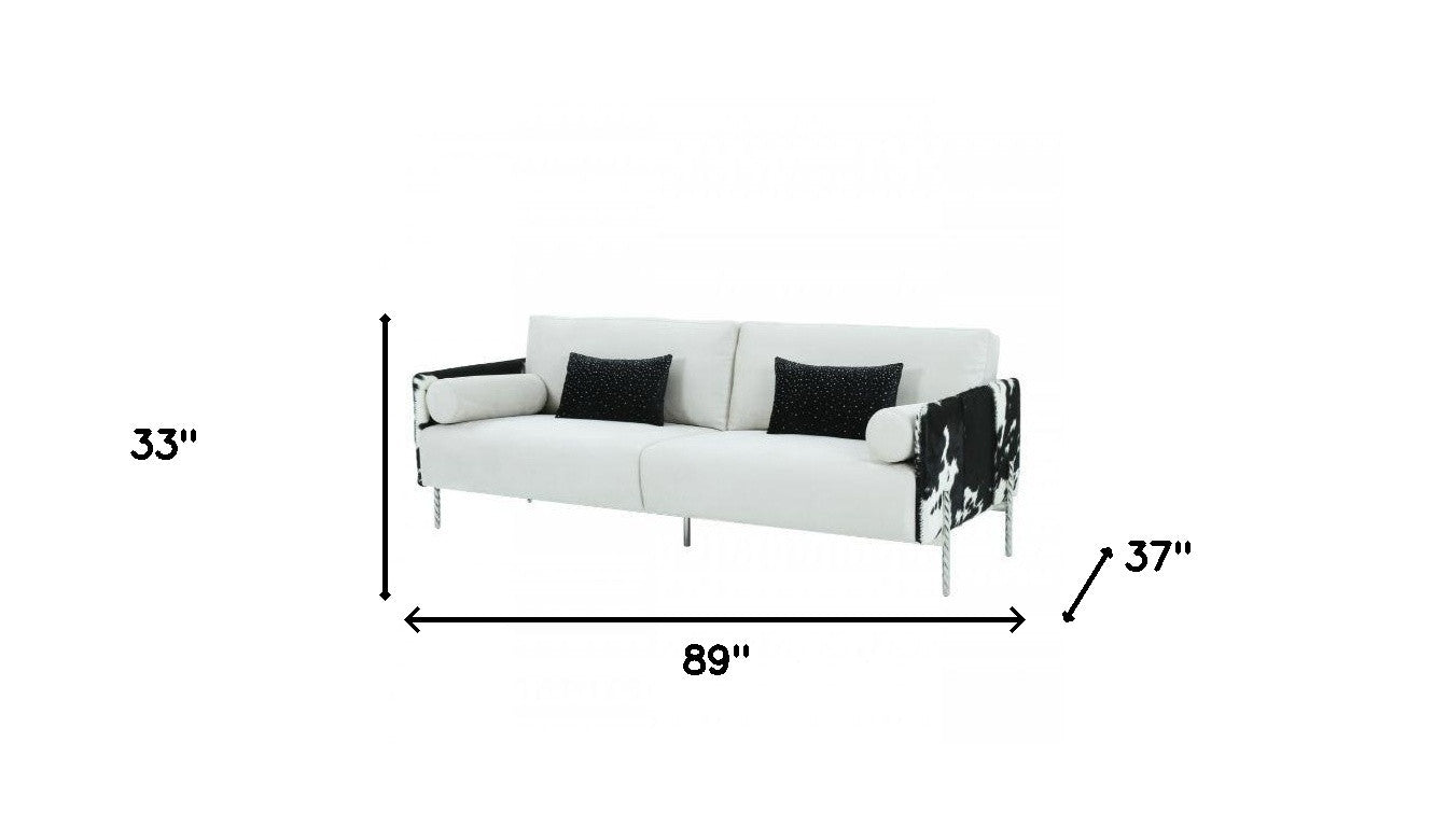 89" White Sofa And Toss Pillows With Silver Legs