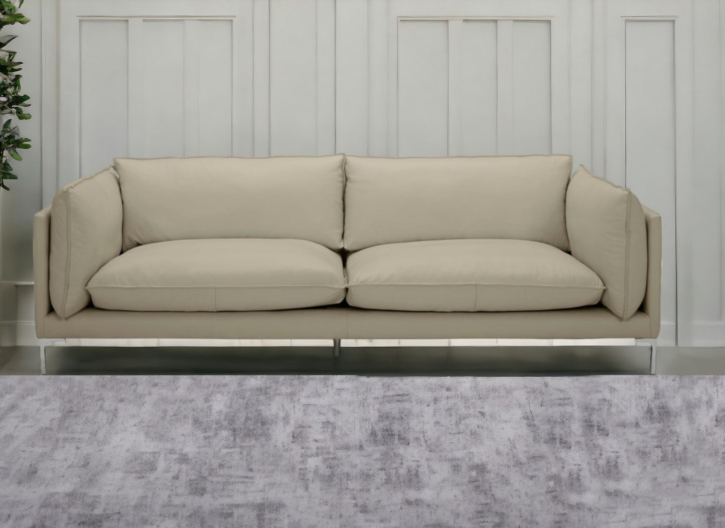 96" Taupe Top Grain Leather Sofa With Silver Legs