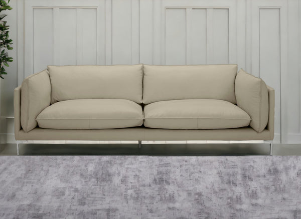 96 Taupe Top Grain Leather Sofa With Silver Legs