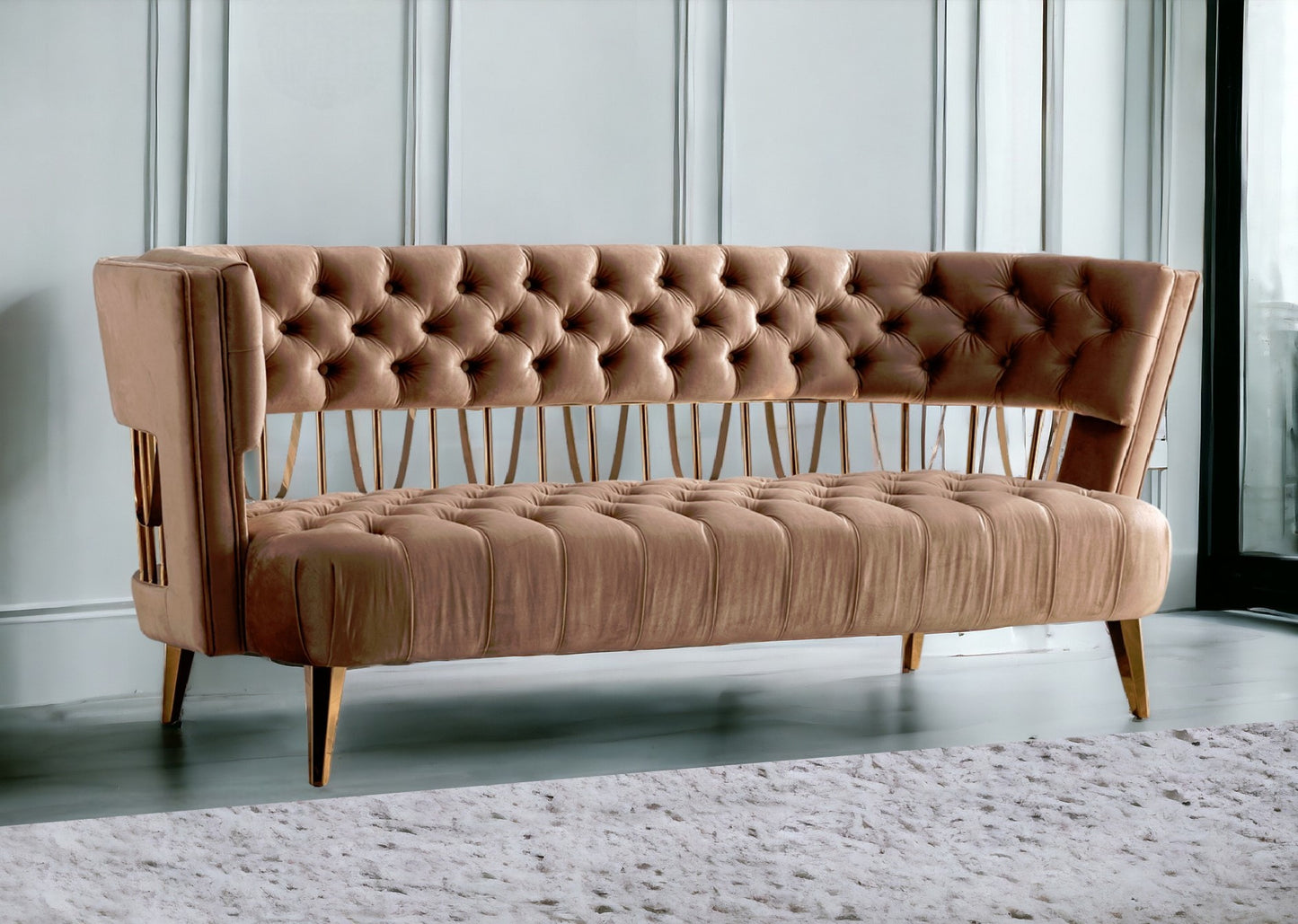 84" Beige Velvet Sofa With Gold Legs