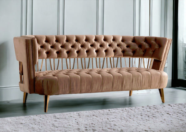 84 Beige Velvet Sofa With Gold Legs