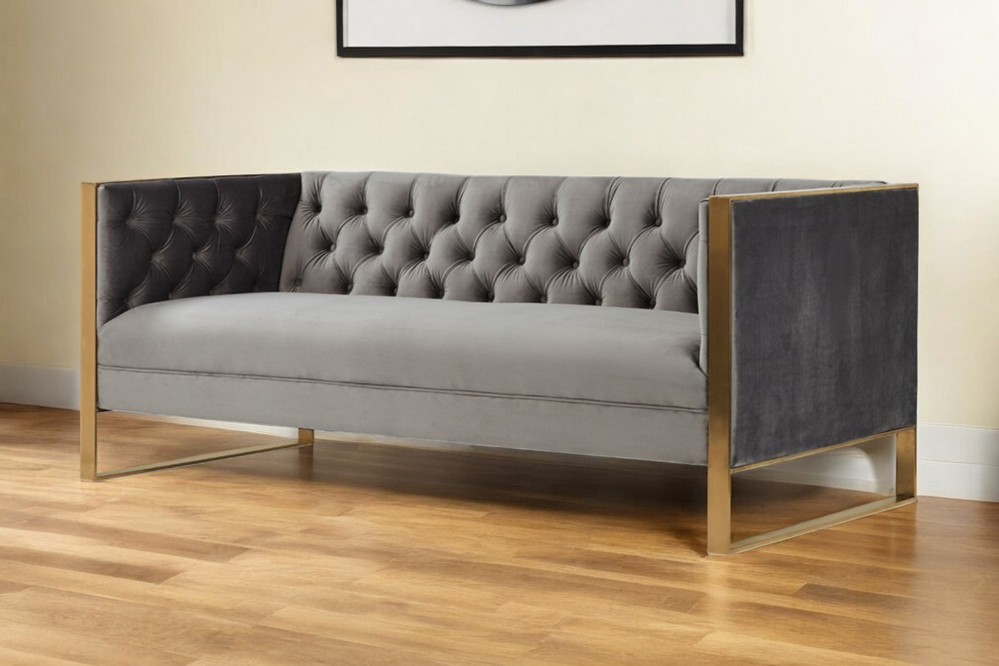 75" Gray Velvet Sofa With Gold Legs