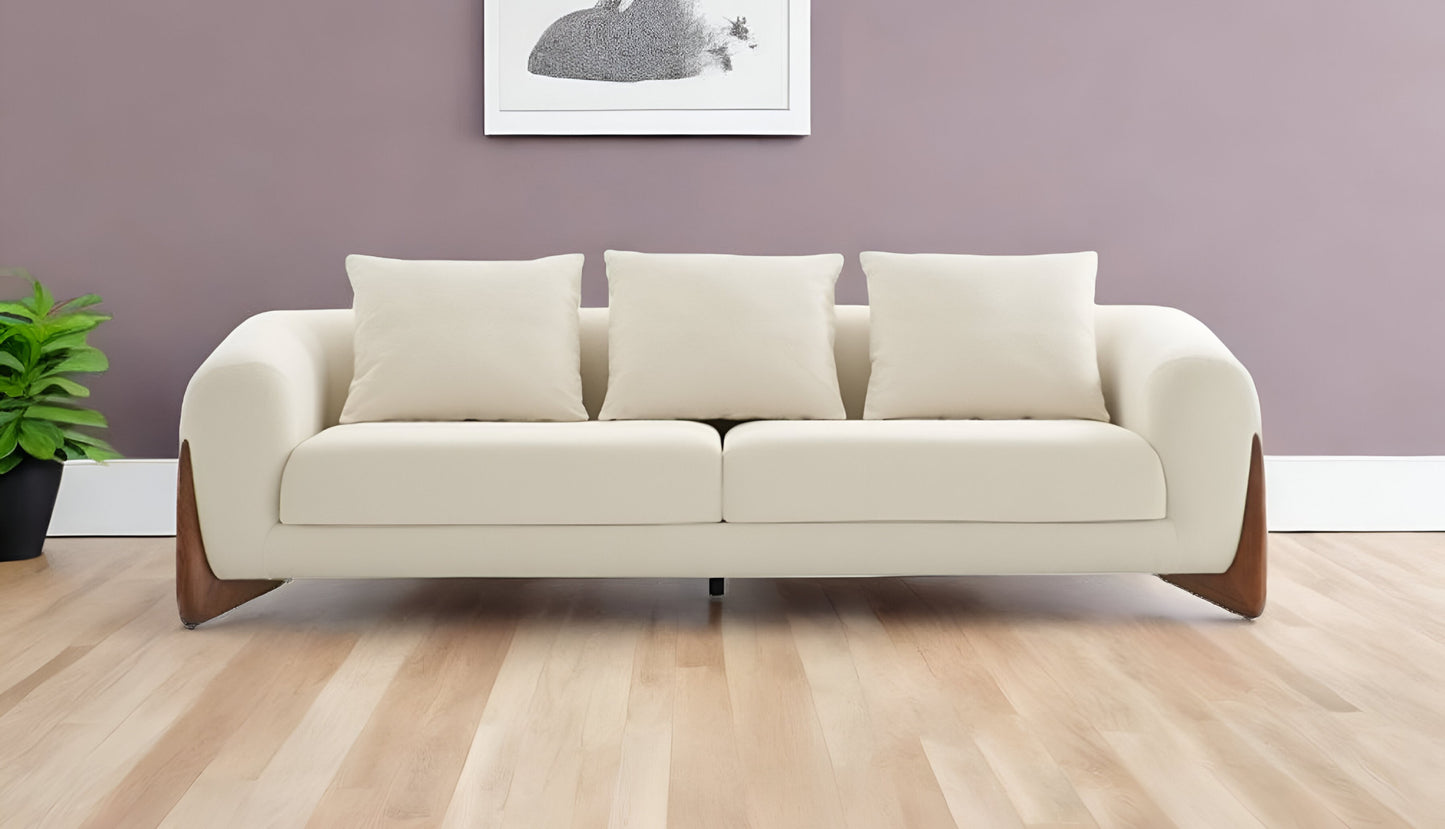 100" Cream Sofa With Wood Brown Legs