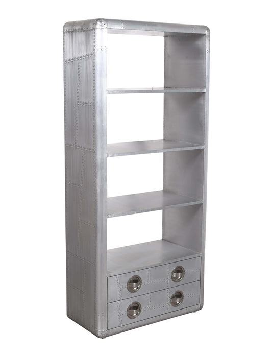 71" Silver Aluminum Four Tier Bookcase with Two Drawers