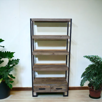 71" Brown Distressed Solid Wood Four Tier Etagere Bookcase with Two Drawers