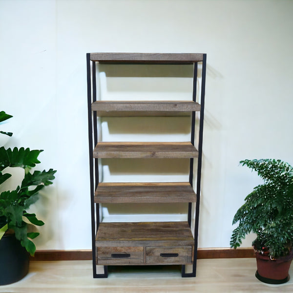 71 Brown Distressed Solid Wood Four Tier Etagere Bookcase with Two Drawers