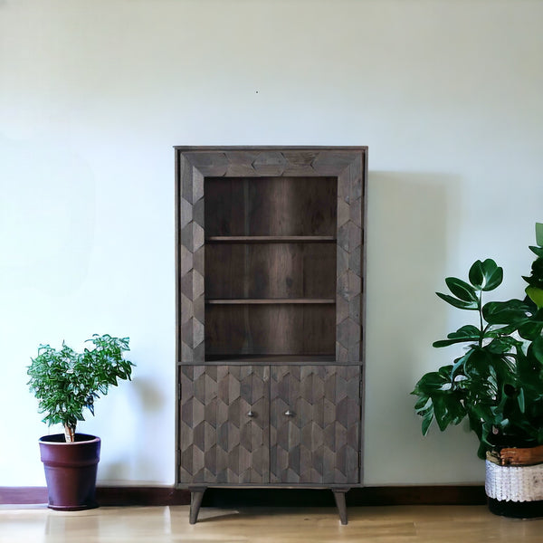 70 Gray Distressed Solid Wood Three Tier Bookcase with Two Doors