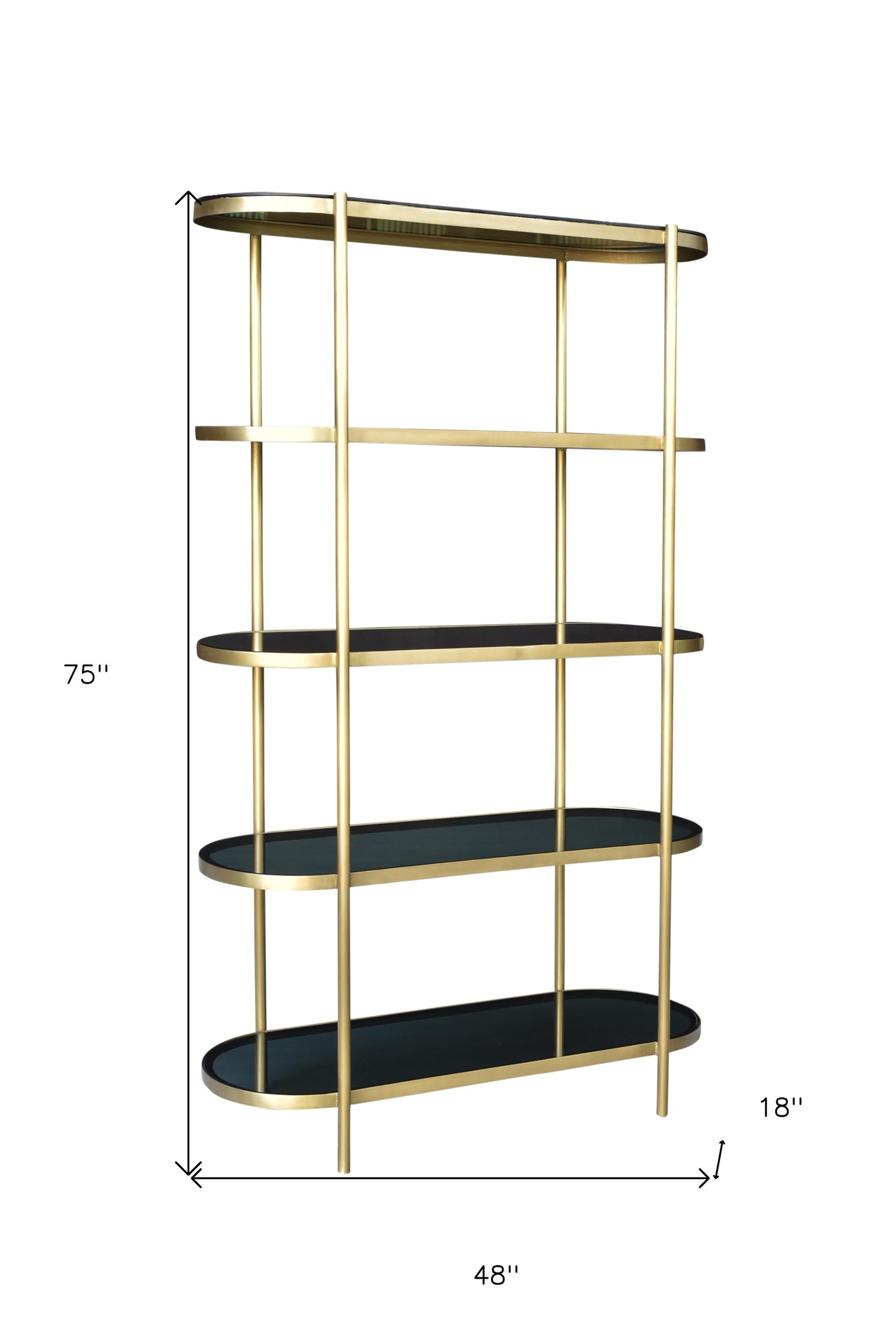 75" Black and Gold Iron and Glass Four Tier Etagere Bookcase