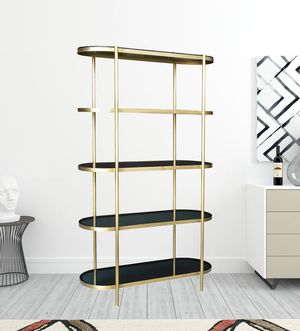 75 Black and Gold Iron and Glass Four Tier Etagere Bookcase