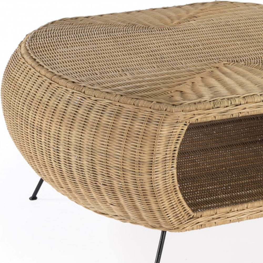 38" Natural Rattan Wicker With Iron Round Coffee Table