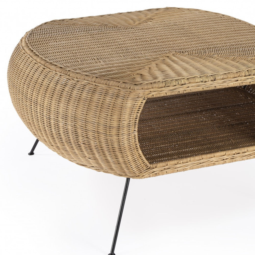 38" Natural Rattan Wicker With Iron Round Coffee Table