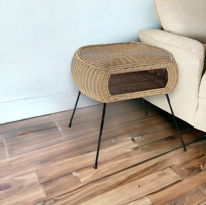 24" Black And Brown Distressed Rattan Round End Table With Shelf