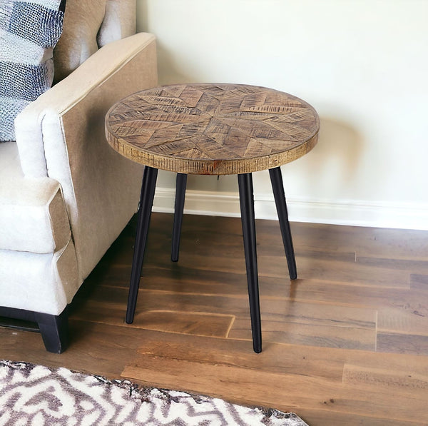 24 Brown Solid Wood and Black Round End Table