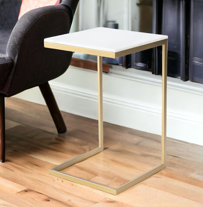 26" Antique Gold and White Marble Square C Shape End Table