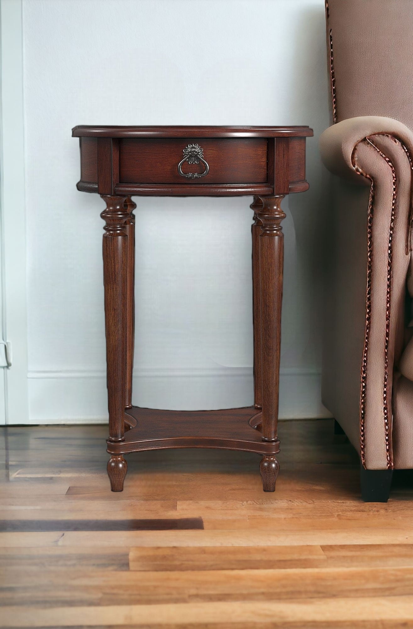 26" Brown Distressed Solid and Manufactured Wood Round End Table With Drawer And Shelf