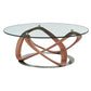 39" Walnut And Clear Glass Abstract Round Coffee Table