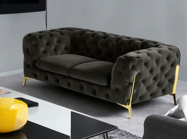 74 Dark Grey And Gold Velour Chesterfield Loveseat