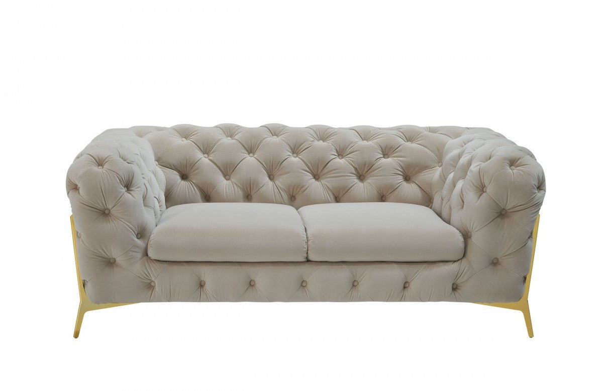 74" Beige And Gold Velvet Chesterfield Loveseat