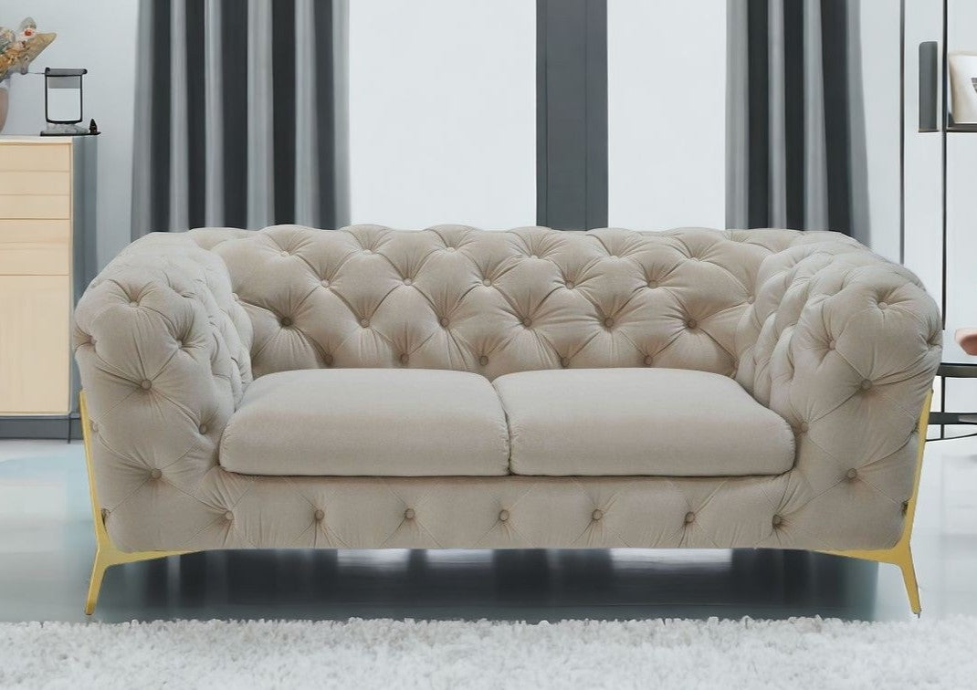 74" Beige And Gold Velvet Chesterfield Loveseat