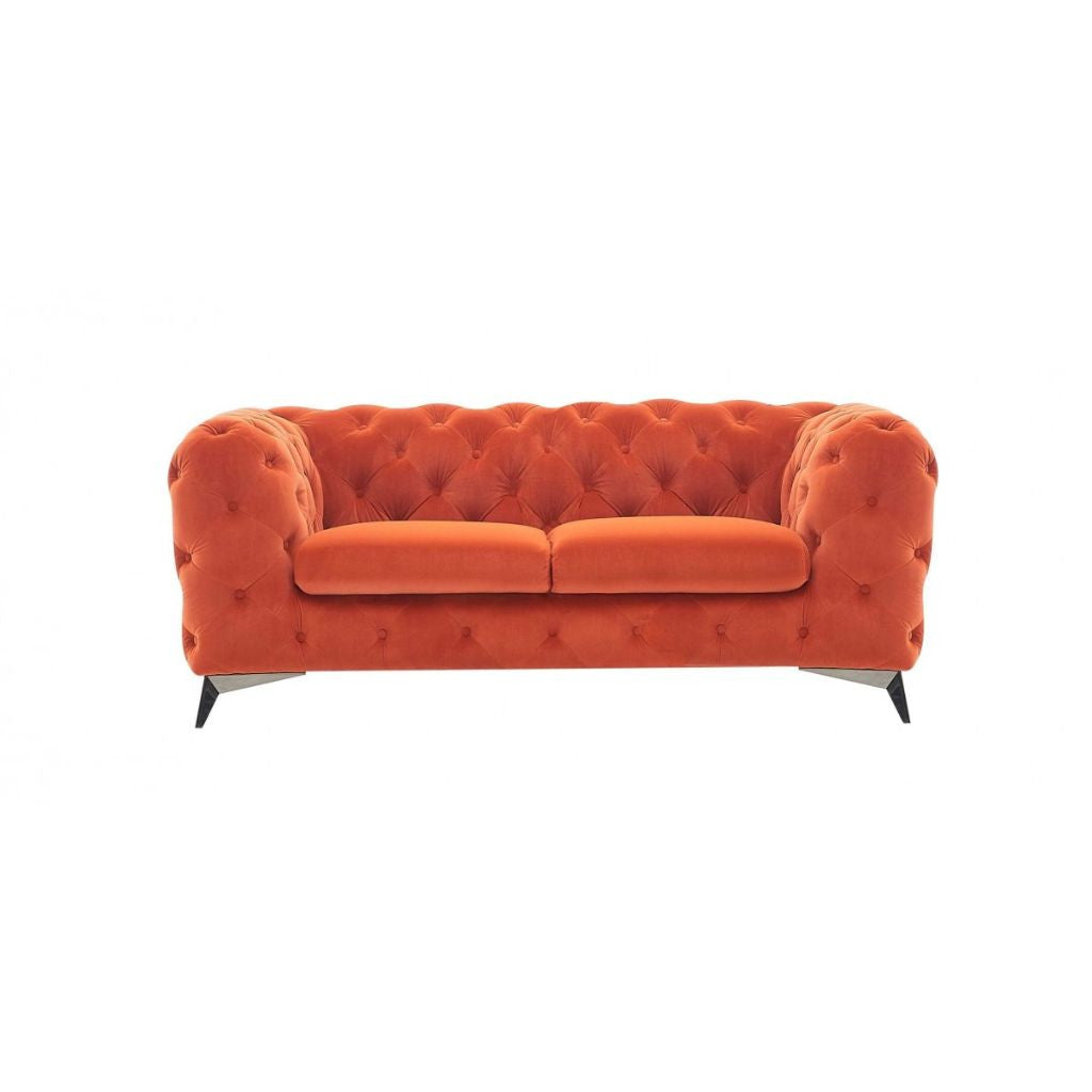 74" Orange Tufted Velvet And Black Chesterfield Love Seat