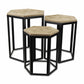 Set Of Three 25" Black And Brown Solid Wood And Steel Hexagon Nested Tables