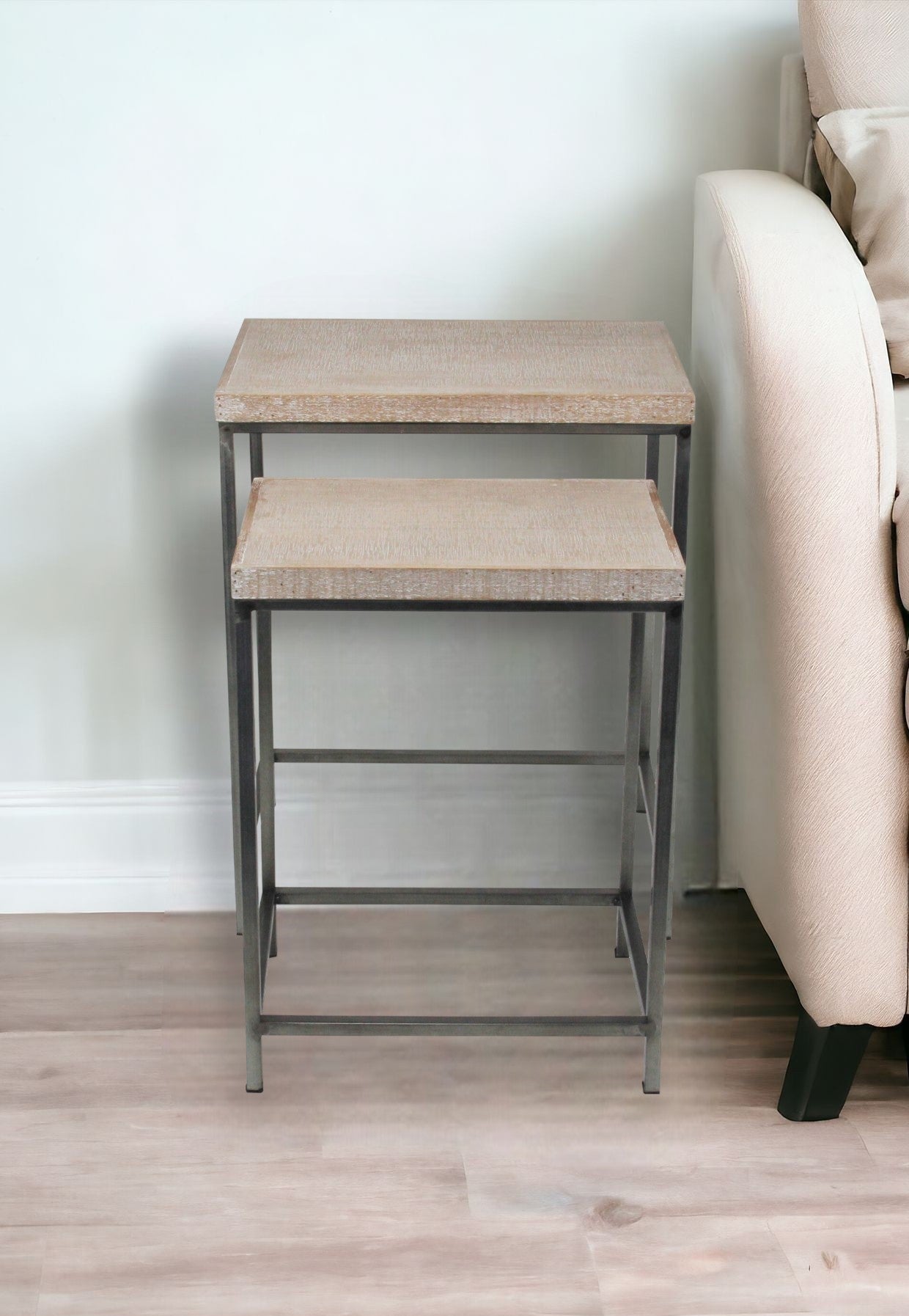 Set of Two 25" Black And Brown Solid Wood Nested Tables