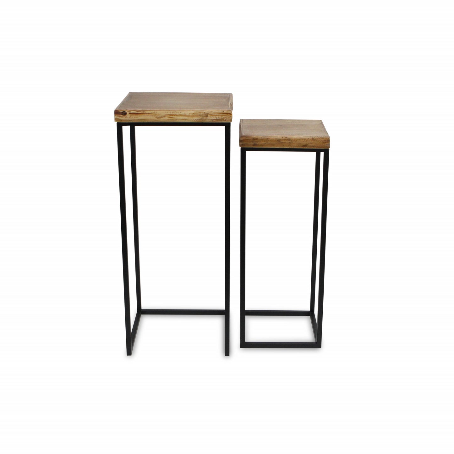 Set Of Two 29" Black And Brown Solid Wood And Steel Square Nested Tables