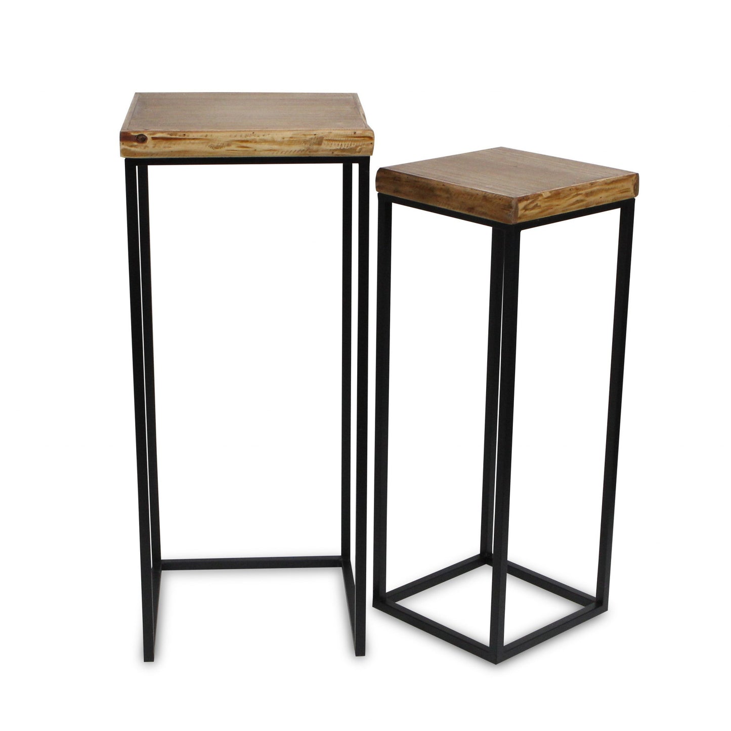 Set Of Two 29" Black And Brown Solid Wood And Steel Square Nested Tables