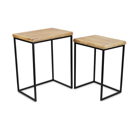 Set of Two 25" Black And Brown Solid Wood Nested Tables