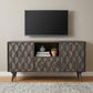 55" Dark Gray Carved Geometric Distressed Solid Wood Enclosed and Open Storage TV Stand