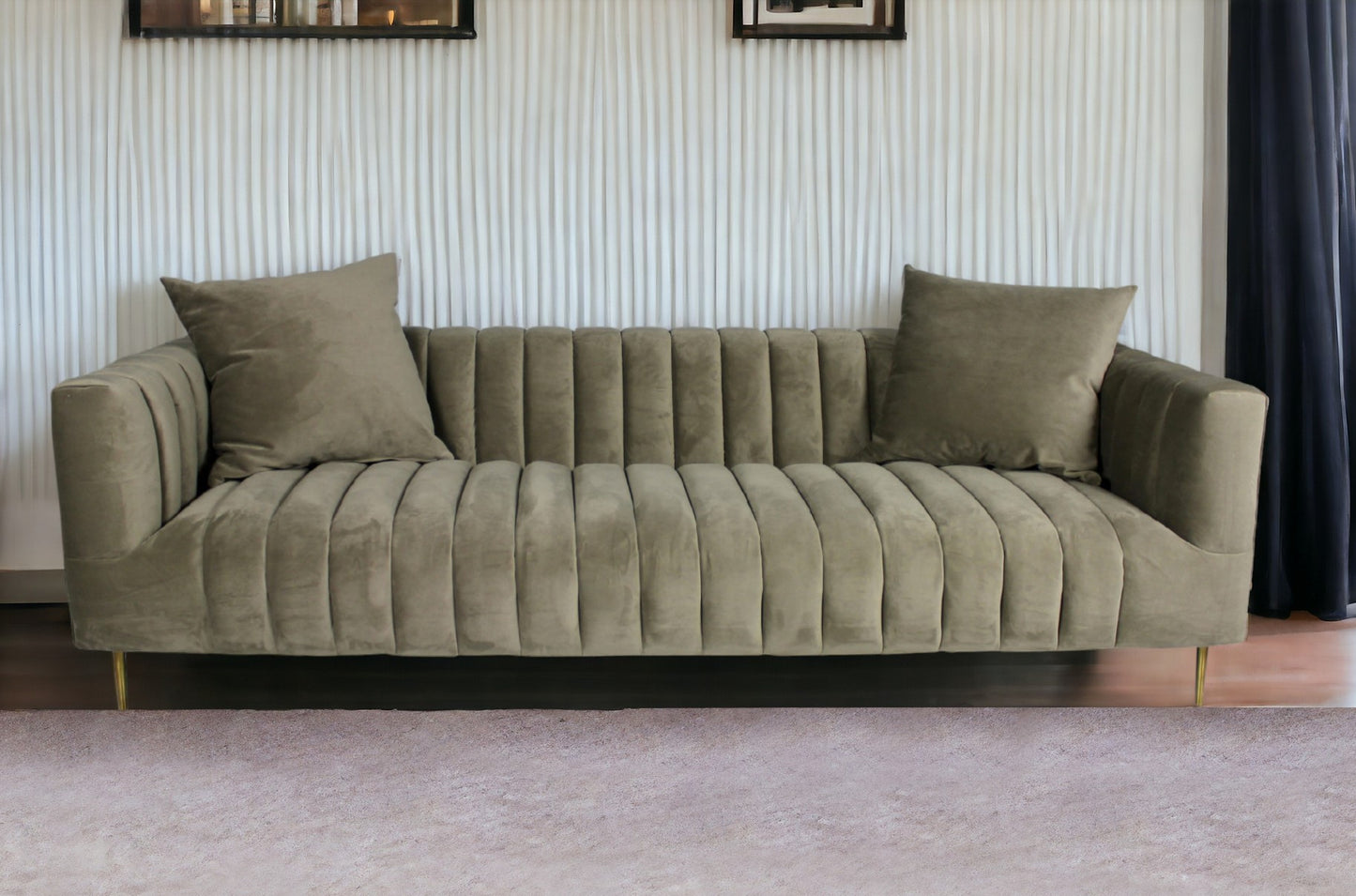 90" Gray Brown Velvet Sofa And Toss Pillows With Gold Legs