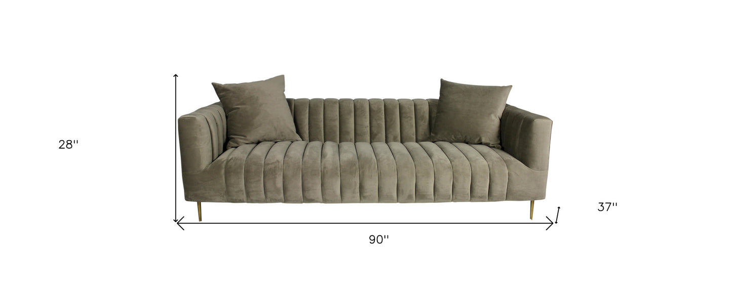 90" Gray Brown Velvet Sofa And Toss Pillows With Gold Legs