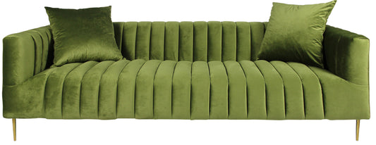 90" Olive Green Velvet Sofa And Toss Pillows With Gold Legs