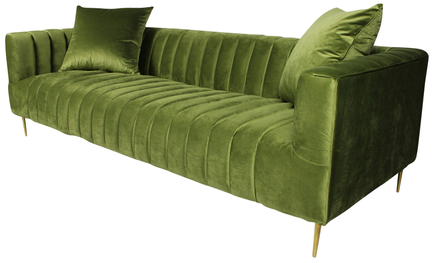 90" Olive Green Velvet Sofa And Toss Pillows With Gold Legs