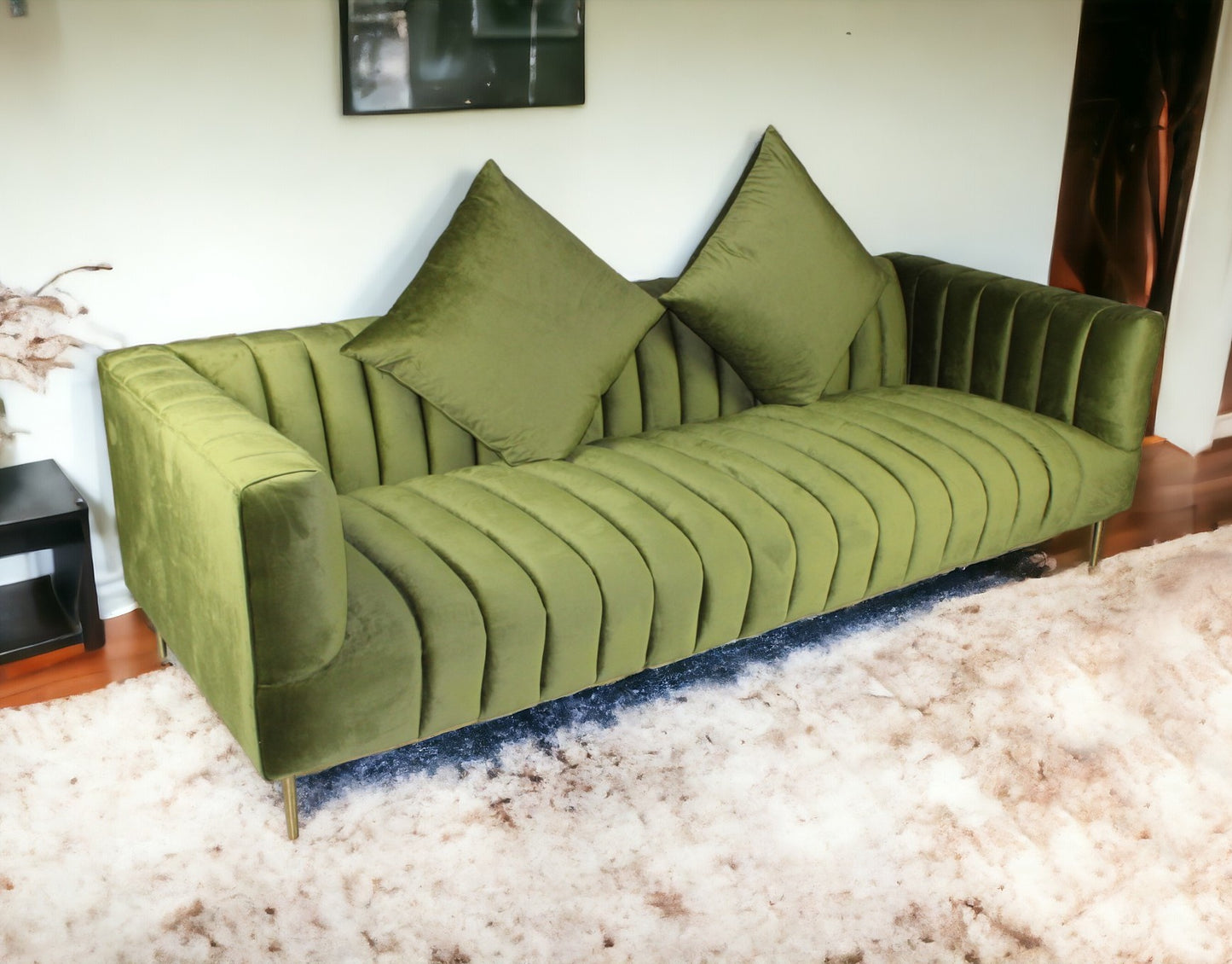 90" Olive Green Velvet Sofa And Toss Pillows With Gold Legs