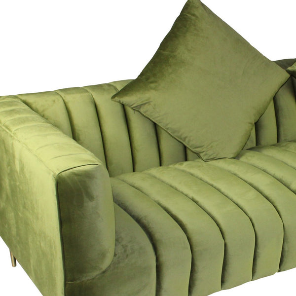 90 Olive Green Velvet Sofa And Toss Pillows With Gold Legs