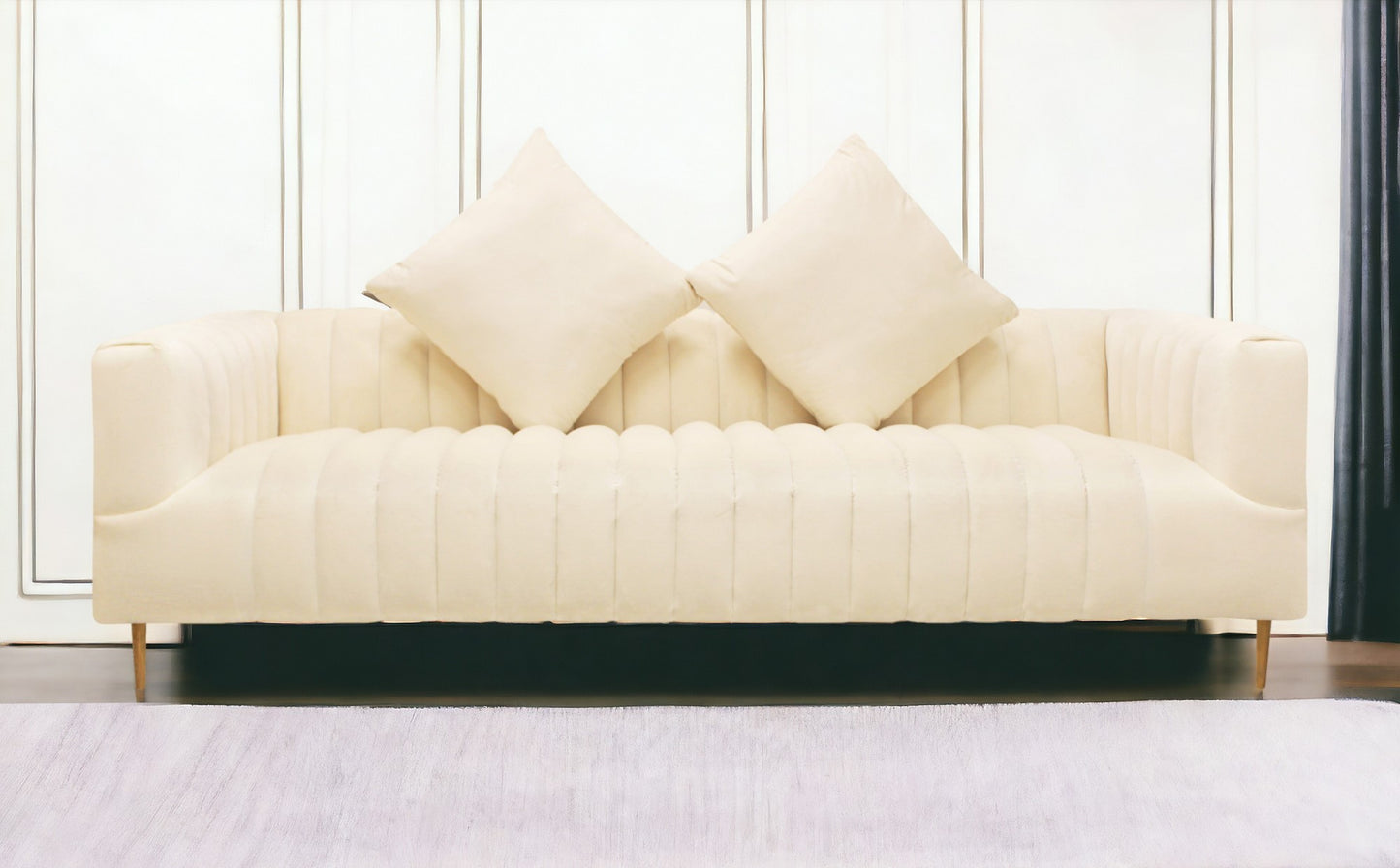 90" Ivory Velvet Sofa And Toss Pillows With Gold Legs