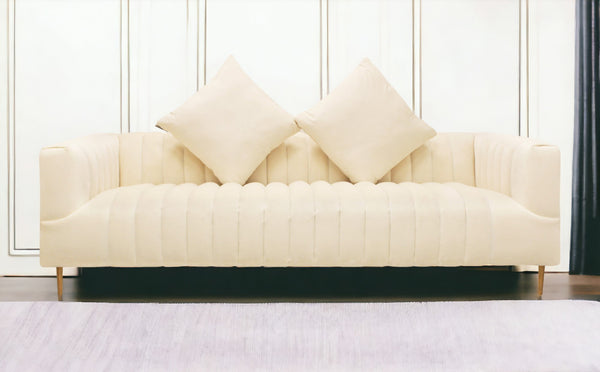 90 Ivory Velvet Sofa And Toss Pillows With Gold Legs