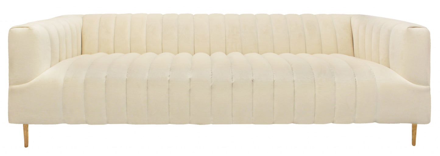 90" Ivory Velvet Sofa And Toss Pillows With Gold Legs