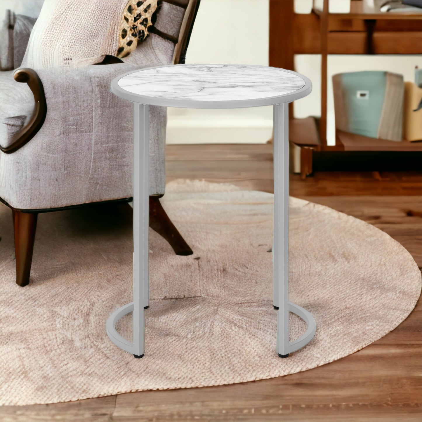 24" Silver And White Round End Table