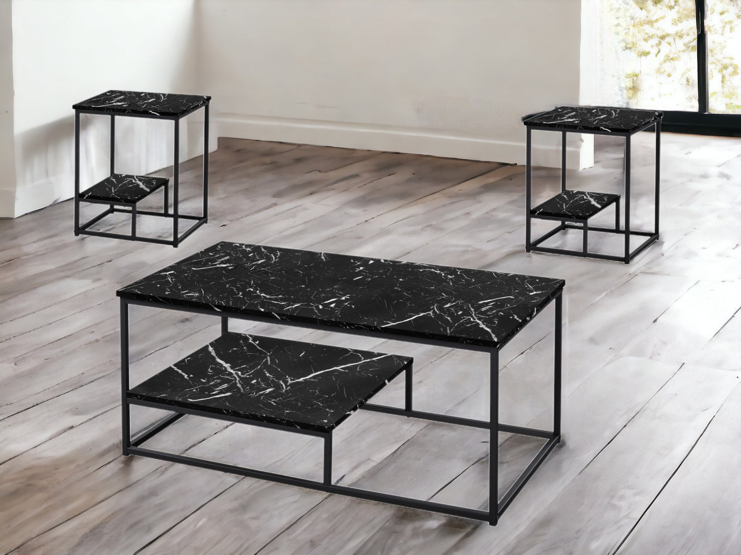 Set Of Three 42" Black Rectangular Coffee Table With Shelf